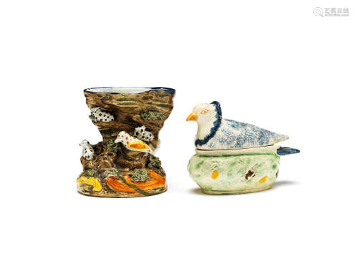 Circa 1765-1800 A creamware figure, a Prattware vase and a pigeon tureen and cover