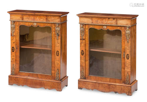 A pair of late 19th century walnut, marquetry, and gilt metal mounted display cabinets