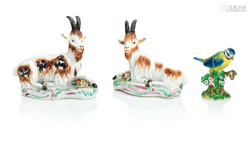 Circa 1770-85 A pair of Derby models of goats and a Derby model of a bluetit
