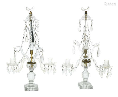 A pair of George III twin branch cut glass table candelabra