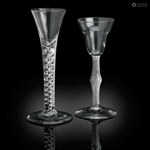 Circa 1760 An airtwist wine glass and an airtwist cordial glass