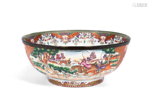 18th century A famille rose 'fox hunting' punch bowl