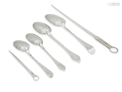 various makers and dates, the majority British and Danish  A collection of fifteen silver spoons and two skewers