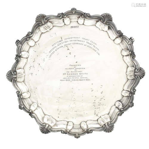 by H.Atkins, Sheffield, date letter rubbed, possibly 1902  A 20th century silver presentation salver