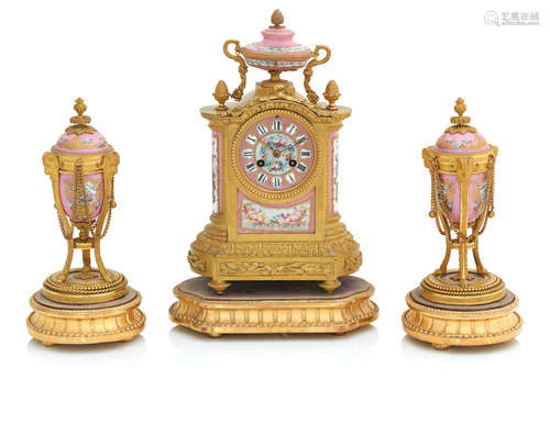 3 A 19th century Sevres style pink porcelain and ormolu clock garniture