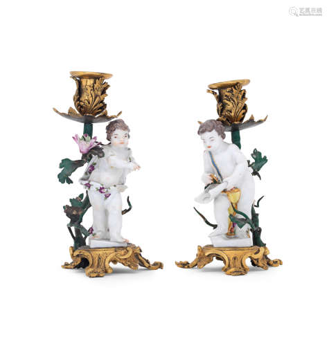 19th century A pair of Meissen ormolu mounted candelabra