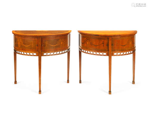 A near pair of Victorian satinwood, harewood, rosewood and marquetry bedside tables