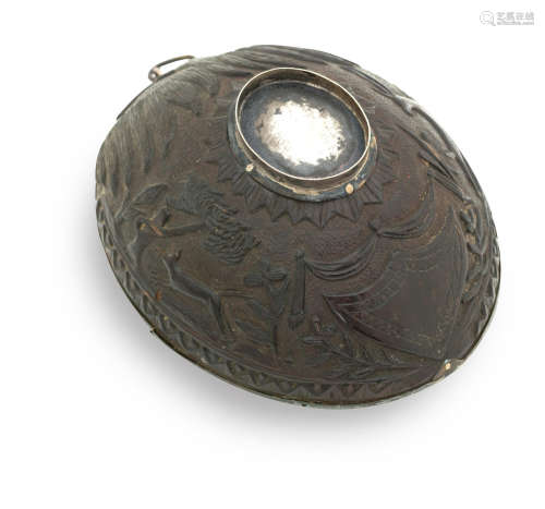 unmarked  A 19th century silver-mounted carved coconut cup