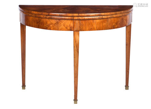 A late 19th/early 20th century Burr walnut demi-lune tea table