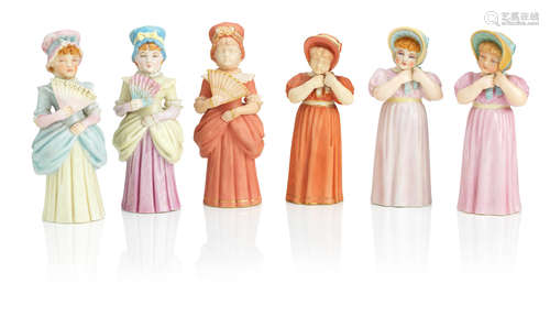 Circa 1880 Town Girl and Country Girl: three pairs of Royal Worcester extinguishers