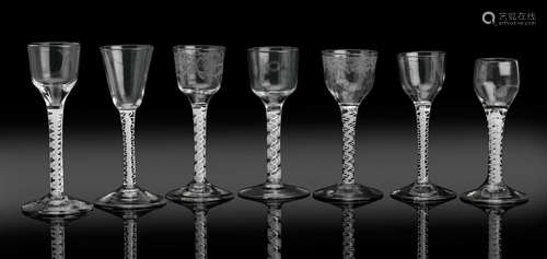 Circa 1760-70 Seven various opaque twist wine glasses