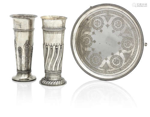 by Edward Ker Reid, London 1876, Sibray, Hall & Co Ltd, London 1899 and W.Gibson & J.L.Langman, London 1897  (3) A Victorian silver salver and two silver trumpet vases