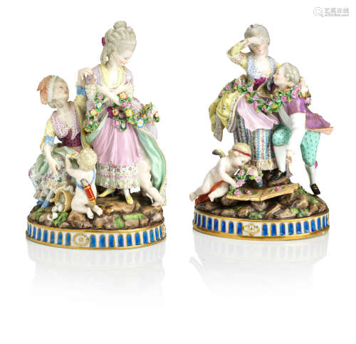 Late 19th century  Two Meissen figure groups modelled as 'The Broken Eggs' and 'The Broken Bridge'