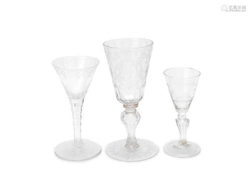 Circa 1730-60 Three Dutch or German wine glasses with engraved decoration