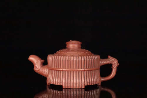 A OLD YIXING BAMBOO DESIGN PURPLE CLAY TEAPOT