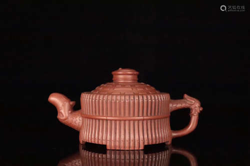 A OLD YIXING BAMBOO DESIGN PURPLE CLAY TEAPOT