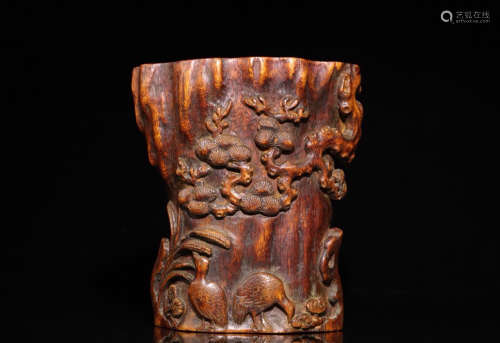 17-19TH CENTURY, A CRANE&PINE PATTERN OLD AGILAWOOD BRUSH HOLDER, QING DYNASTY