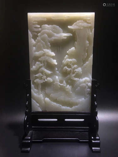 17-19TH CENTURY, A LANSCAPE STORY WHITE JADE SCEENN,QING DYNASTY