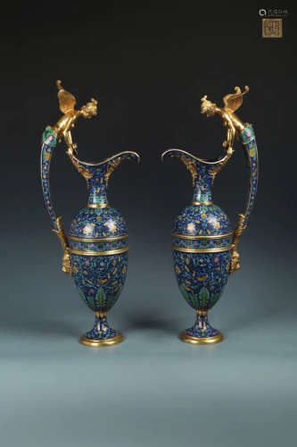 17-19TH CENTURY, A PAIR OF ANGEL DESIGN CLOISONNE WINE POTS, QING DYNASTY