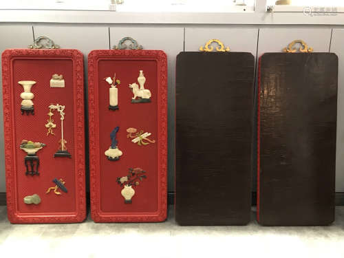 A SET OF RED LACQUERWARE SCREEN WITH TREASURES