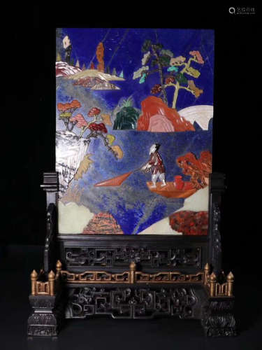 19TH CENTURY, A STORY DESIGN LAPIS LAZULI SCREEN WITH ROSEWOOD BASE, LATE QING DYNASTY