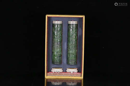 17-19TH CENTURY, A PAIR OF PINE&BAMBOO&PLUM PATTERN HETIAN BI JADE POTS, QING DYNASTY