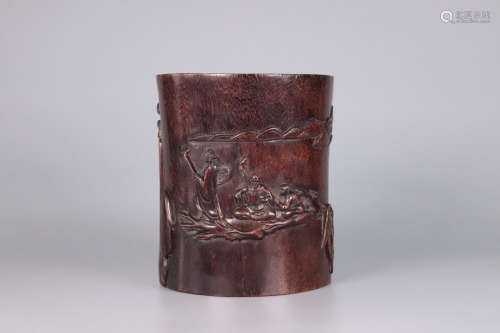 19TH CENTURY, A STORY DESIGN OLD AGILAWOOD BRUSH HOLDER, LATE QING DYNASTY