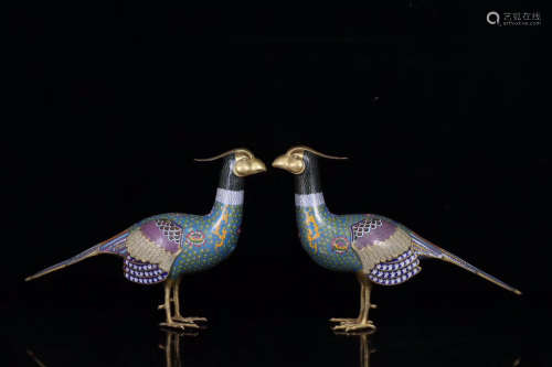 17-19TH CENTURY, A PAIR OF PHEASANT DESIGN CLOISONNE ORNAMANT, QING DYNASTY