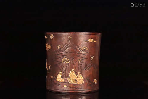 19TH CENTURY, A STORY DESIGN RED SANDALWOOD BRUSH HOLDER, LATE QING DYNASTY