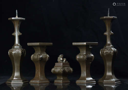 A SET OF FIVE BRONZE SACRIFICIAL UTENSILS INLAYING WITH SILVER