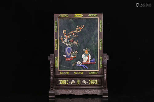 17-19TH CENTURY, A HETIAN GREEN JADE SCREEN WITH RED WOOD FRAME, QING DYNASTY