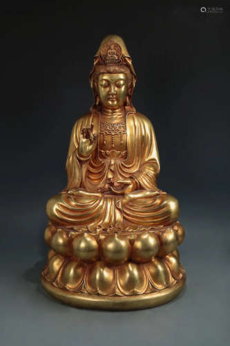 14-16TH CENTURY, AN AVALOKITESVARA GILT BRONZE SITTING STATUE