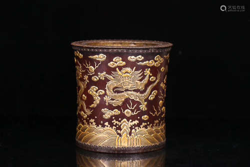 17-19TH CENTURY, A DRAGON&CLOUD PATTERN OLD ROSEWOOD WITH COPPERING BRUSH HOLDER, QING DYNASTY