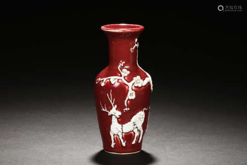 AN EXTREMELY RARE HIGH QUALITY YUAN DYNASTY COPPER RED GLAZED VASE WITH SCULPTURED DEER AND BLOSSOMING PLUM TREE