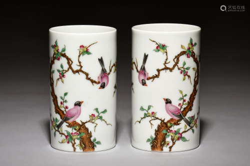 PAIR OF FAMILLE ROSE 'FLOWERS AND BIRDS' BRUSH POTS