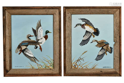 PAIR OF FRAMED OIL ON CANVAS PAINTINGS 'FLYING GEESE'