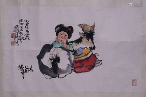 CHENG SHIFA: INK AND COLOR ON PAPER PAINTING 'GIRL AND SHEEP'