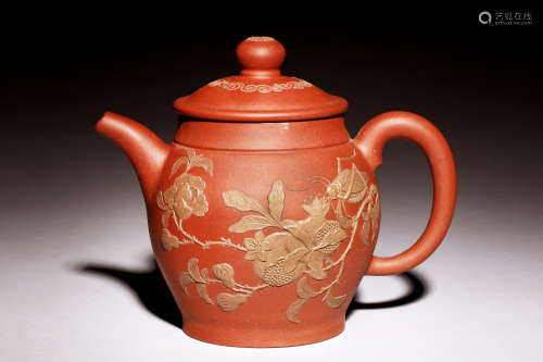 YIXING ZISHA 'FLOWERS AND INSECT' TEAPOT