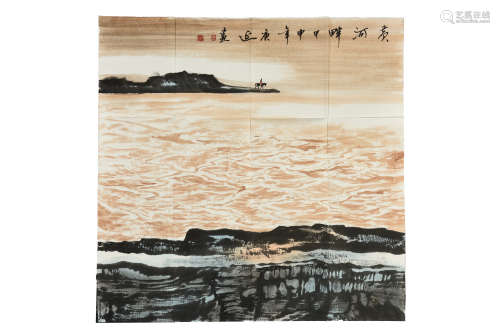 BAI GENGYAN: INK AND COLOR ON PAPER PAINTING 'RIVERSIDE SCENERY'