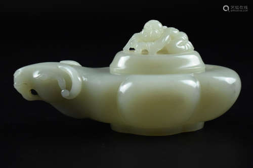 JADE CARVED 'RAM' TEAPOT WITH LID
