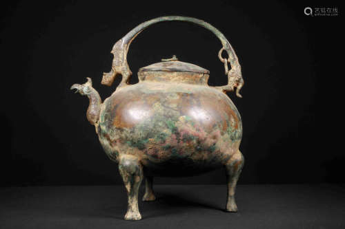 ARCHAIC BRONZE CAST 'MYTHICAL BEAST' POT WITH HANDLE AND LID