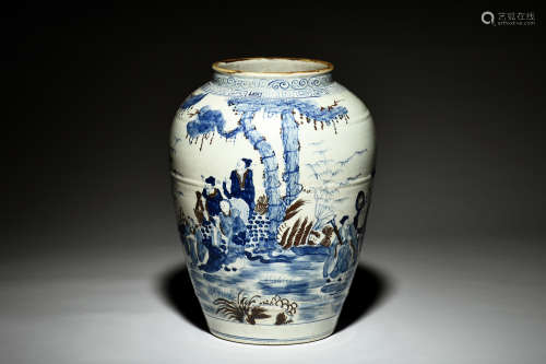 BLUE AND WHITE UNDERGLAZED RED 'EIGHT IMMORTALS' JAR