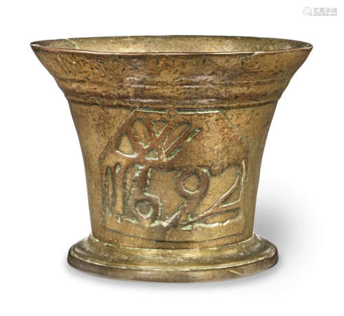 A William & Mary leaded bronze mortar, from the 'cut-card' foundry, probably Somerset, dated 1692