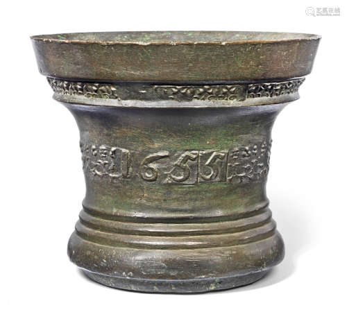 A fine and large Commonwealth leaded bronze mortar, dated 1655, attributed to Anthony Bartlet of Whitechapel, London (fl. 1640-1675) or possibly John Clifton (fl. 1632-1640) of the same foundry