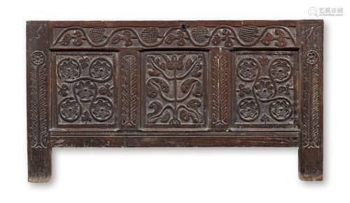 A Charles II joined oak coffer front, West Country, possibly Ottery St. Mary,  dated 1676