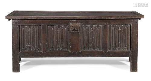 A rare mid-16th century joined and boarded oak linenfold-carved coffer, English, circa 1550