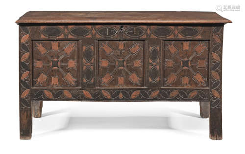 A Commonweath/Charles II joined oak and polychrome-stained coffer, Dorset, circa 1650-70