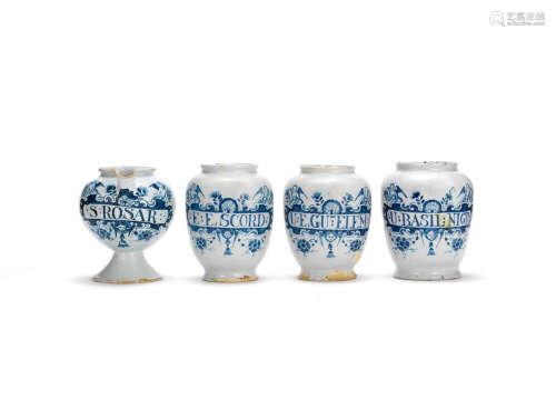 Four English delftware pharmacy jars, circa 1730-50
