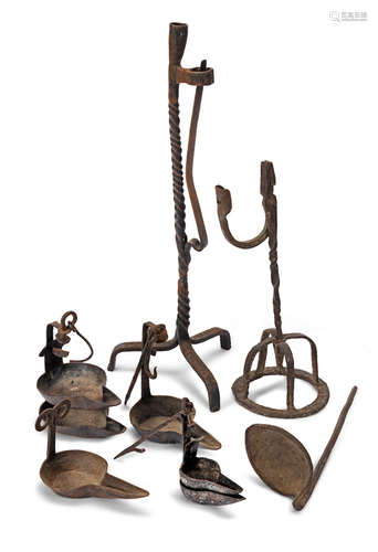 An early to mid-19th century wrought iron table rushnip and candleholder, Irish, circa 1800 - 1830