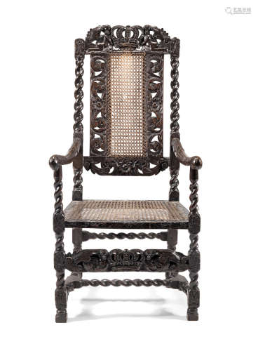 A late 17th century joined beech and caned open armchair, English, probably London, circa 1685
